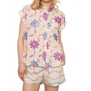 NEW EN CREME embroidered short sleeve button down shirt in white multicolor
